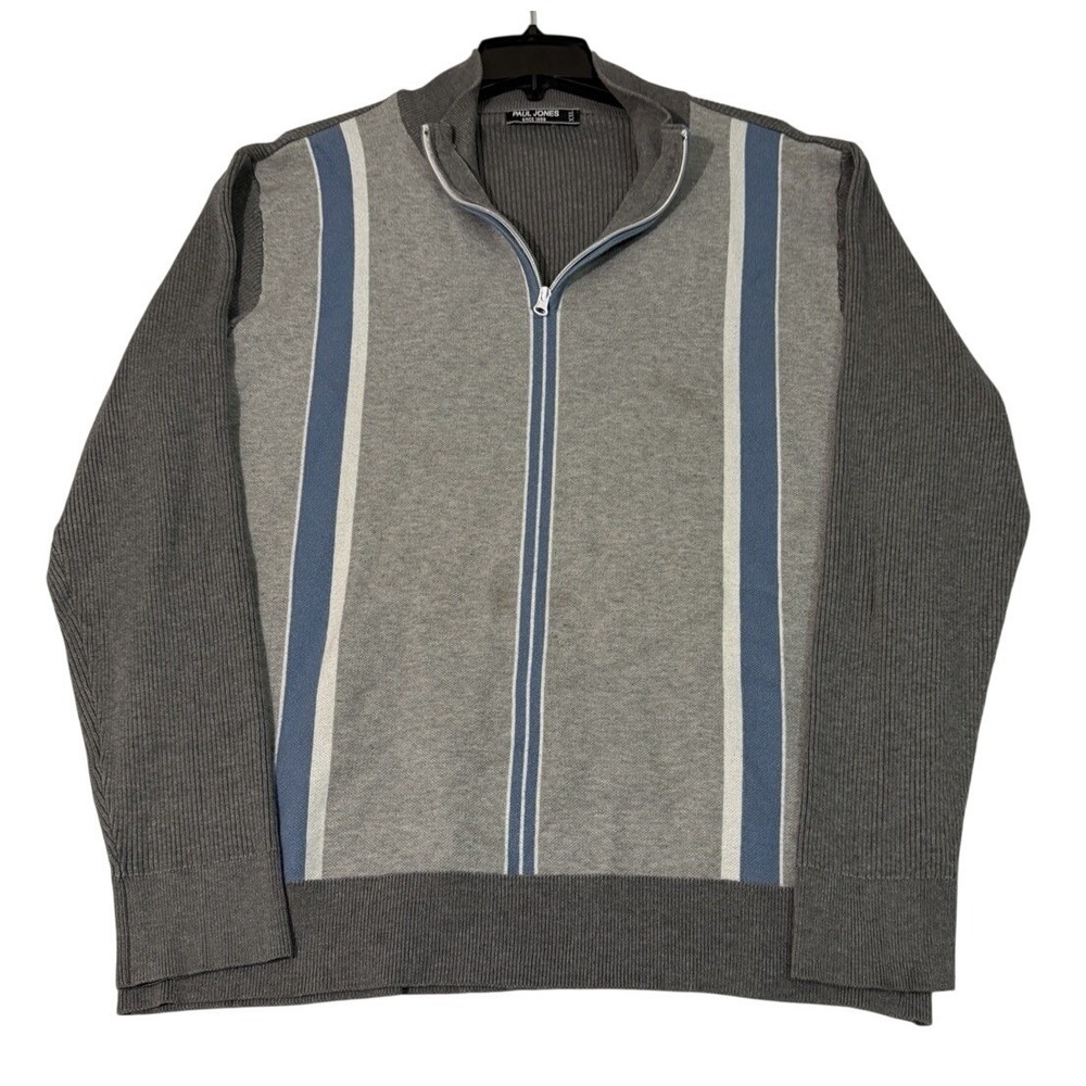 Mens‎ Sweater XXL Zip Up Ribbed Gray Blue Stripe Old Money Preppy XXL Collegiate